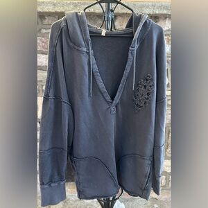 (NWOT) Free People Oversized Black V-Neck Hoodie Lace Patch Pullover Sweatshirt